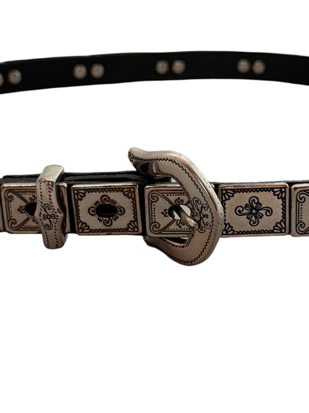 Brighton Black Silver Studded Tile Concho Belt Vintage Southwestern Link Women's